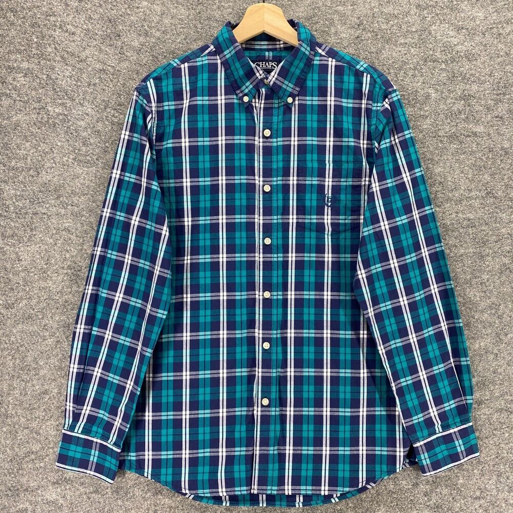 Chaps Shirt Men M Medium Blue Plaid Button Up Long Sleeve Easy Care Collared